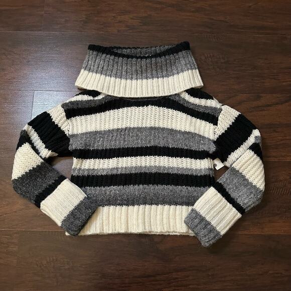 Anthropologie black, gray & cream striped knit turtleneck cropped sweater XS NWT - Picture 6 of 13